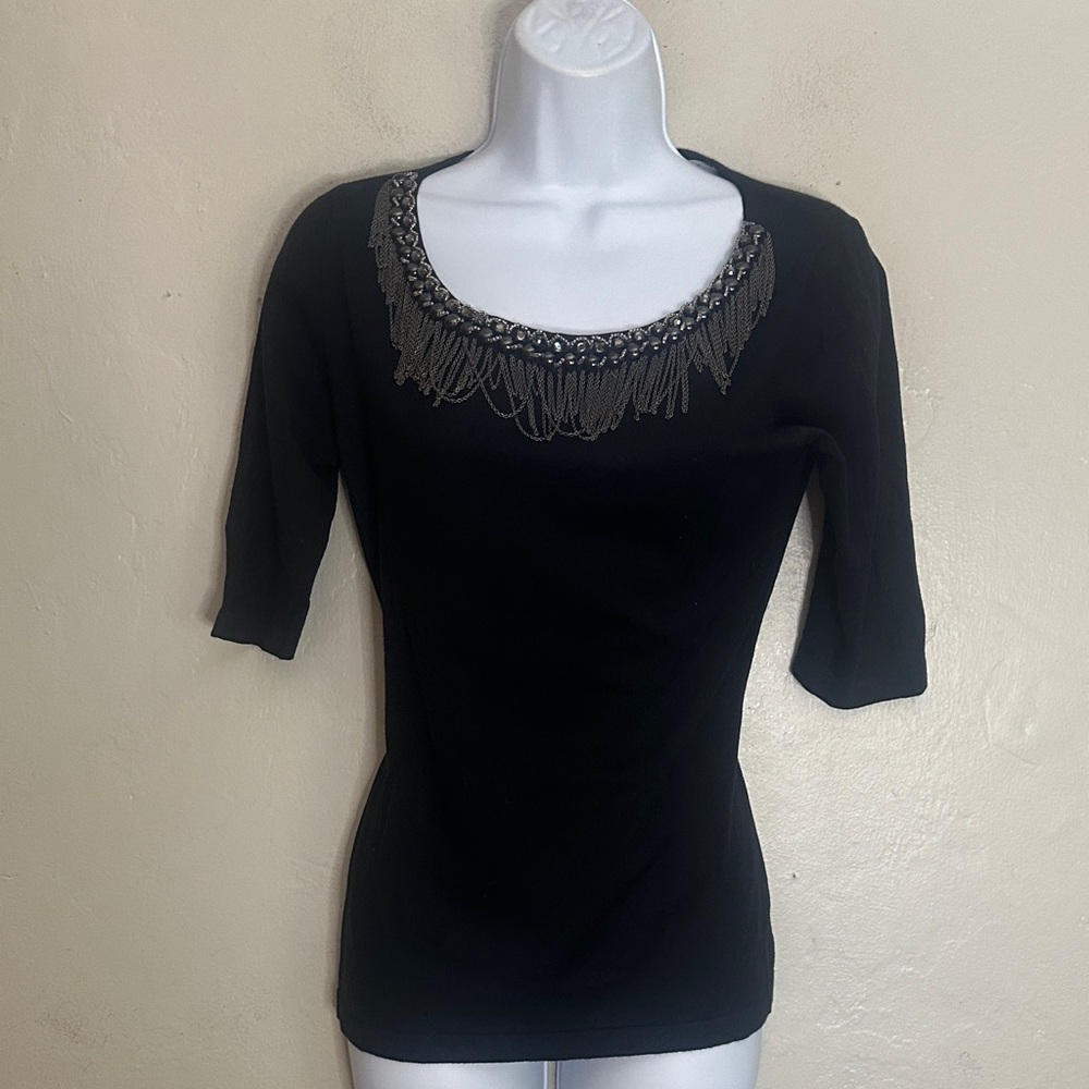 Neiman Marcus Black Top with Beaded Fringe Neckline